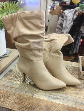 Dream Pairs Slouchy Pointed-Toe Mid-Heel Boots in Beige